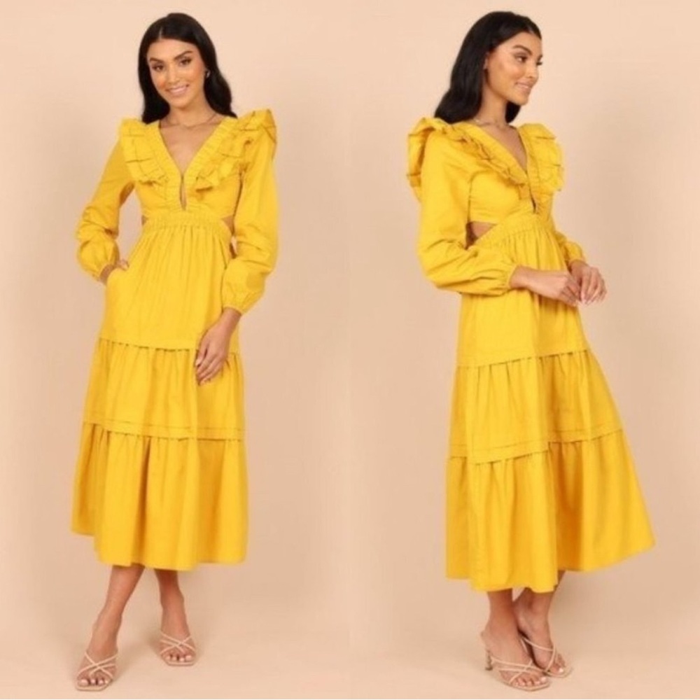 NEW Petal & Pup Mariga Long Sleeve Frill Shoulder Midi Dress in Marigold Size L